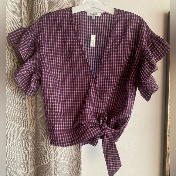 MADEWELL Flutter Sleeve Side Tie Wrap Top Black Red Plaid Women’s Sz Medium NWT - Picture 5 of 13